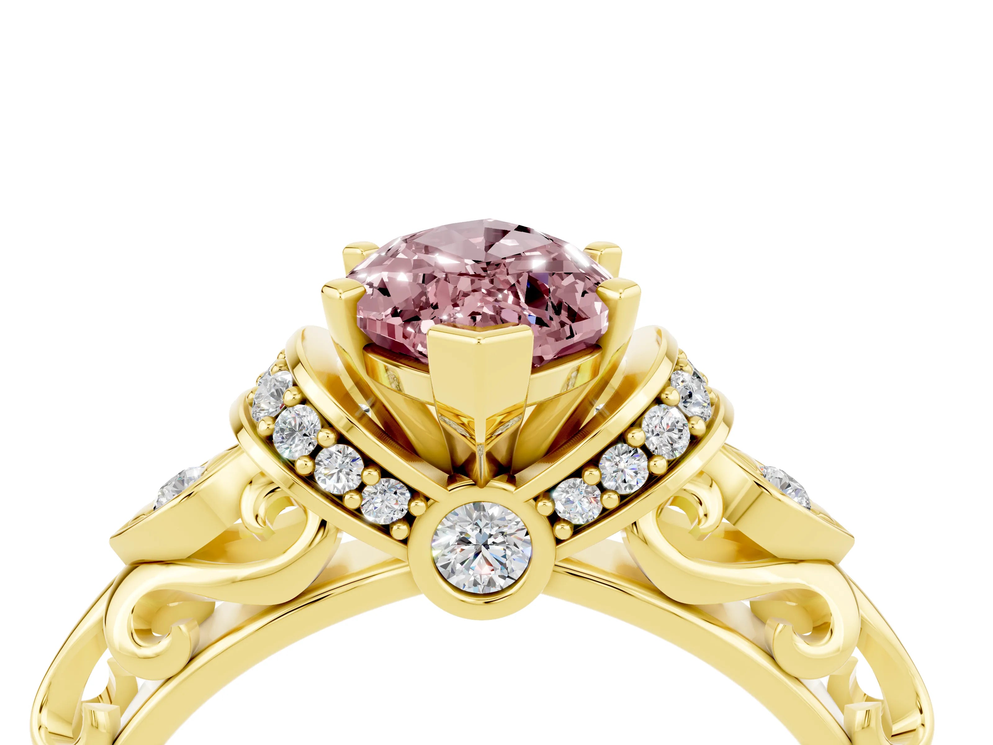 Yellow gold Marquise Cut Morganite Solitaire Ring with Filigree Band and Four-Prong Setting_28