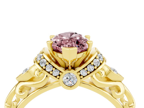 Yellow gold Marquise Cut Morganite Solitaire Ring with Filigree Band and Four-Prong Setting_28
