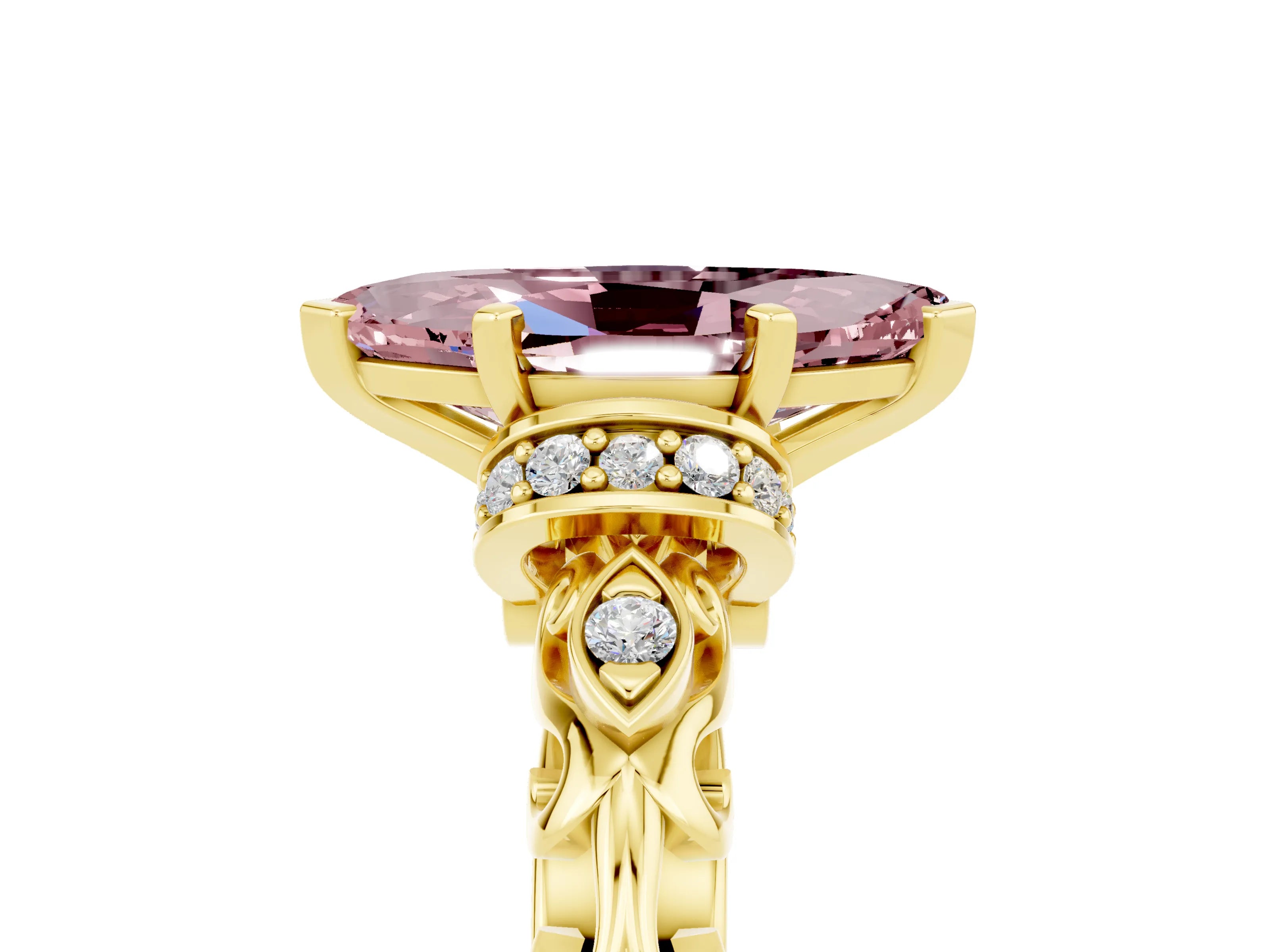 Yellow gold Marquise Cut Morganite Solitaire Ring with Filigree Band and Four-Prong Setting_29