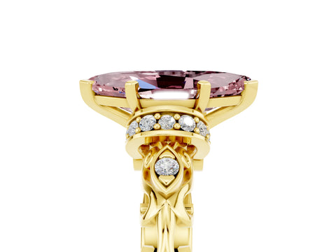 Yellow gold Marquise Cut Morganite Solitaire Ring with Filigree Band and Four-Prong Setting_29