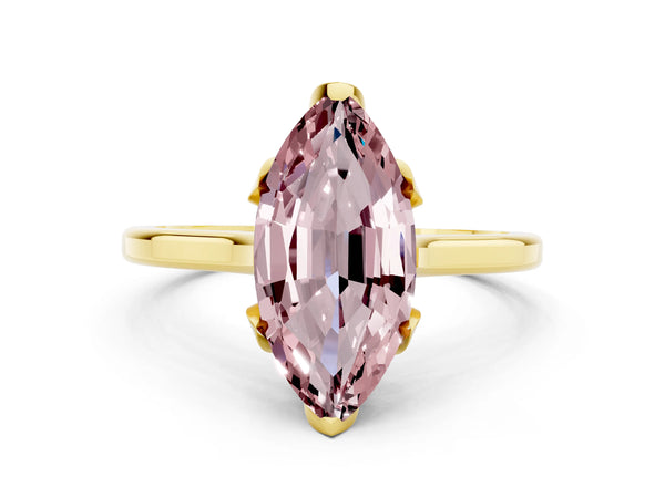 Yellow gold Marquise Cut Morganite Solitaire Ring with Flower Prong Setting and Classic Band