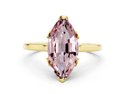 Yellow gold Marquise Cut Morganite Solitaire Ring with Flower Prong Setting and Classic Band_12