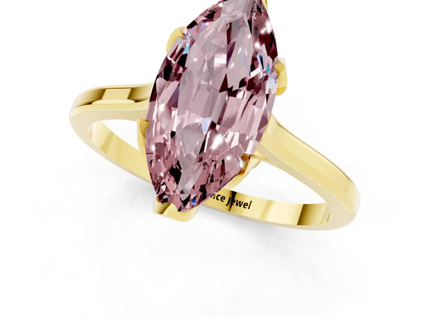 Yellow gold Marquise Cut Morganite Solitaire Ring with Flower Prong Setting and Classic Band