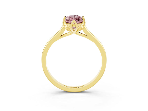 Yellow gold Marquise Cut Morganite Solitaire Ring with Flower Prong Setting and Classic Band