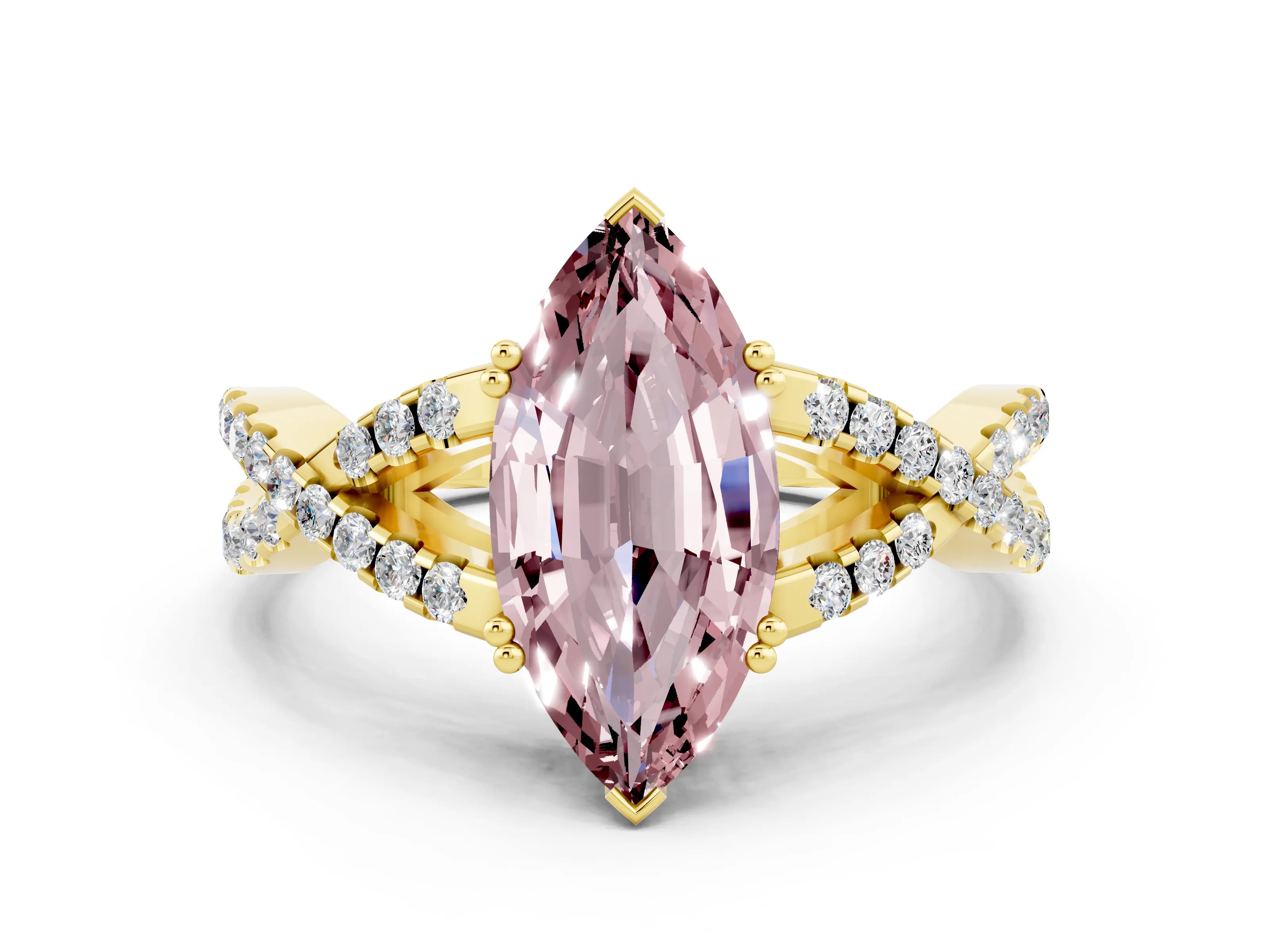 Yellow gold Marquise Cut Morganite Solitaire Ring with Four-Prong Setting and Twisted Pavé Band