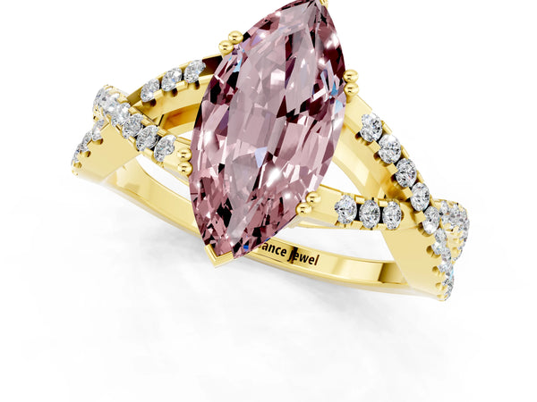 Yellow gold Marquise Cut Morganite Solitaire Ring with Four-Prong Setting and Twisted Pavé Band