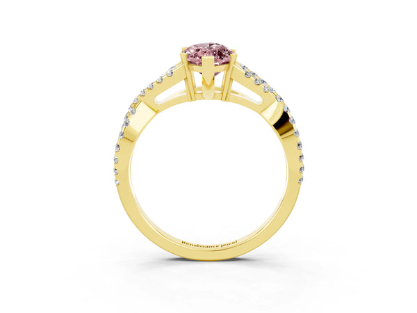 Yellow gold Marquise Cut Morganite Solitaire Ring with Four-Prong Setting and Twisted Pavé Band