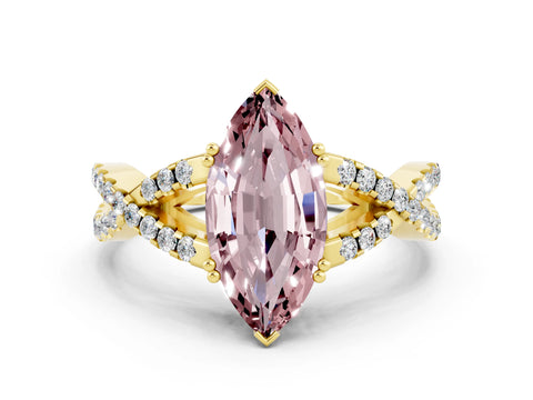 Yellow gold Marquise Cut Morganite Solitaire Ring with Four-Prong Setting and Twisted Pavé Band