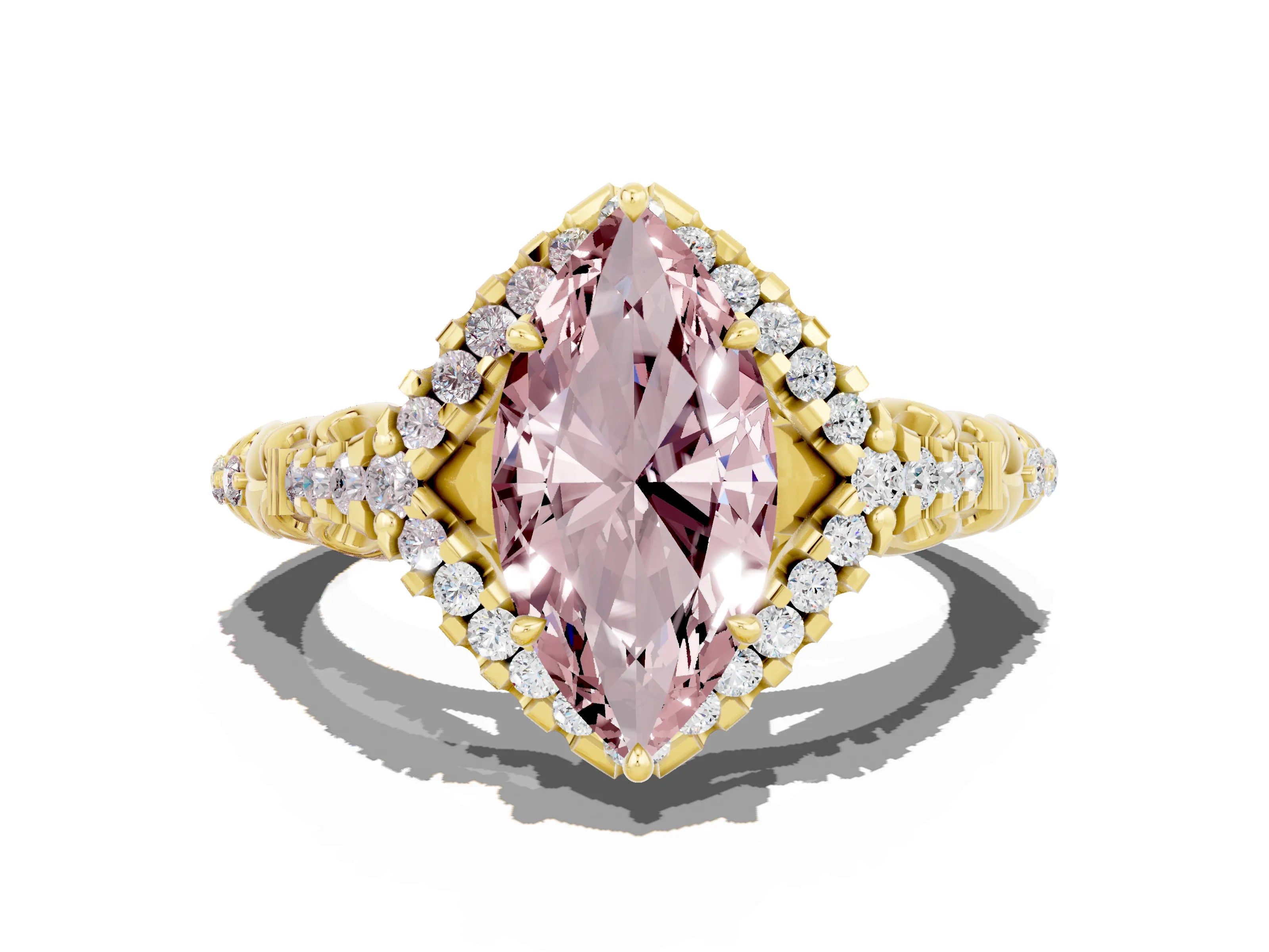 Yellow gold Marquise Cut Morganite Solitaire Ring with Hidden Halo and Pavé Band_34