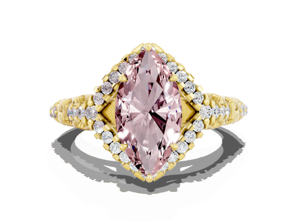 Yellow gold Marquise Cut Morganite Solitaire Ring with Hidden Halo and Pavé Band