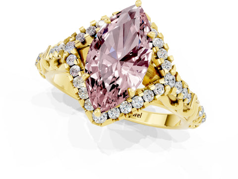 Yellow gold Marquise Cut Morganite Solitaire Ring with Hidden Halo and Pavé Band_35