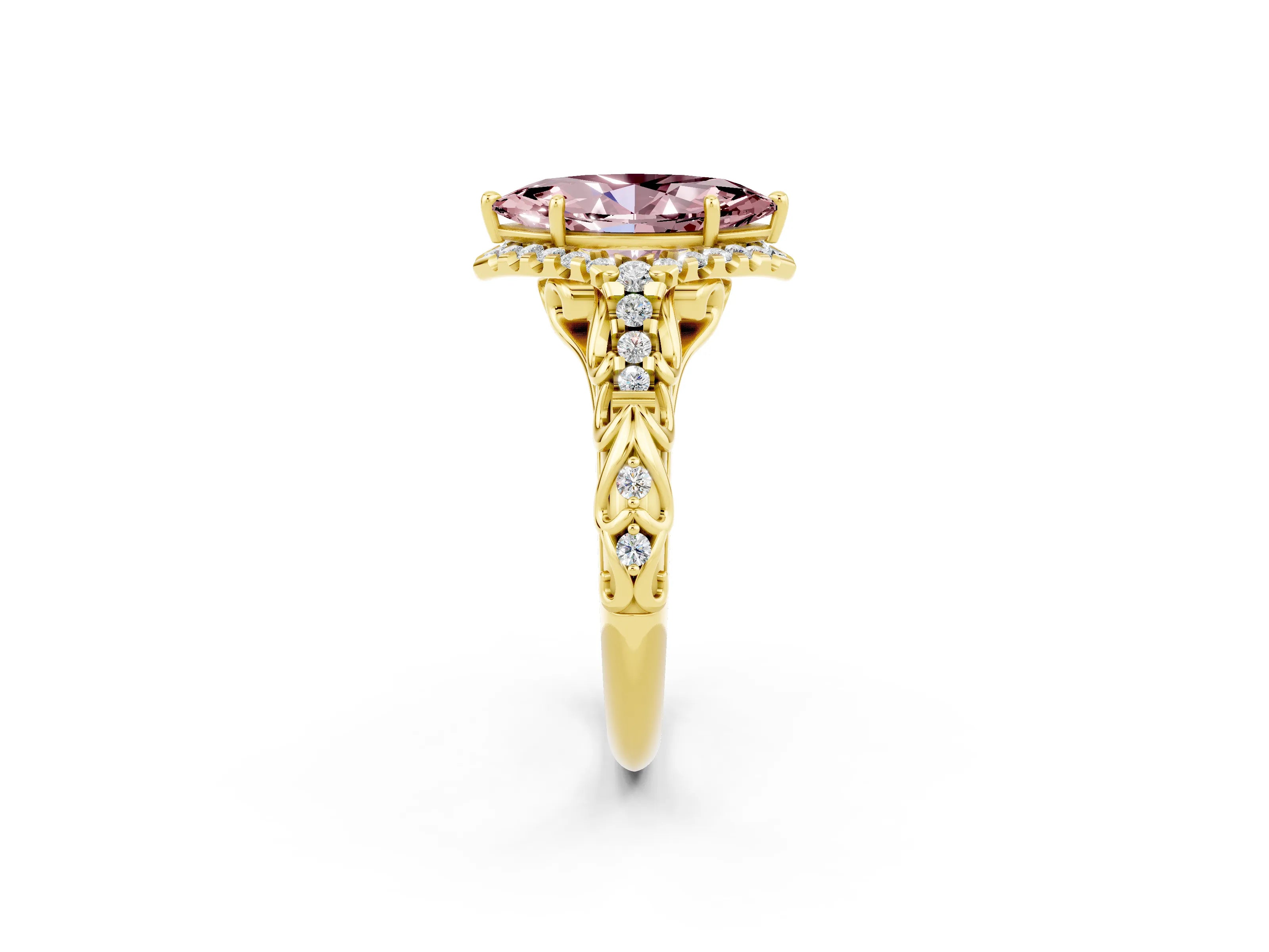 Yellow gold Marquise Cut Morganite Solitaire Ring with Hidden Halo and Pavé Band_36