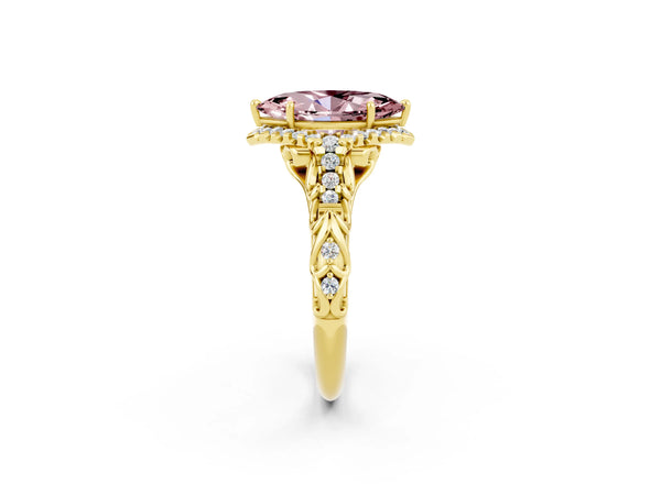 Yellow gold Marquise Cut Morganite Solitaire Ring with Hidden Halo and Pavé Band