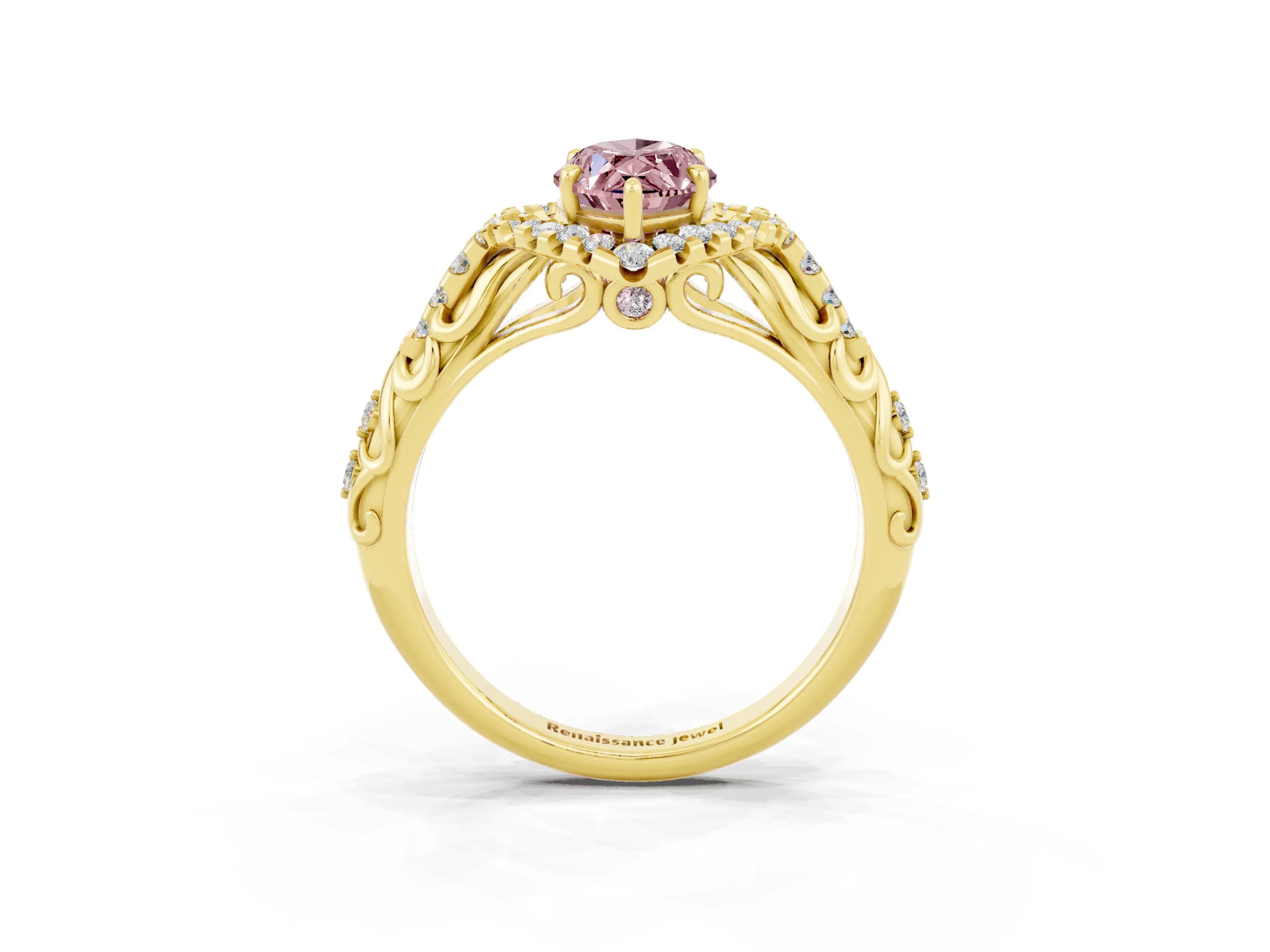 Yellow gold Marquise Cut Morganite Solitaire Ring with Hidden Halo and Pavé Band_37