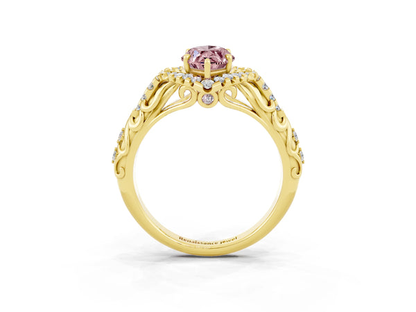 Yellow gold Marquise Cut Morganite Solitaire Ring with Hidden Halo and Pavé Band