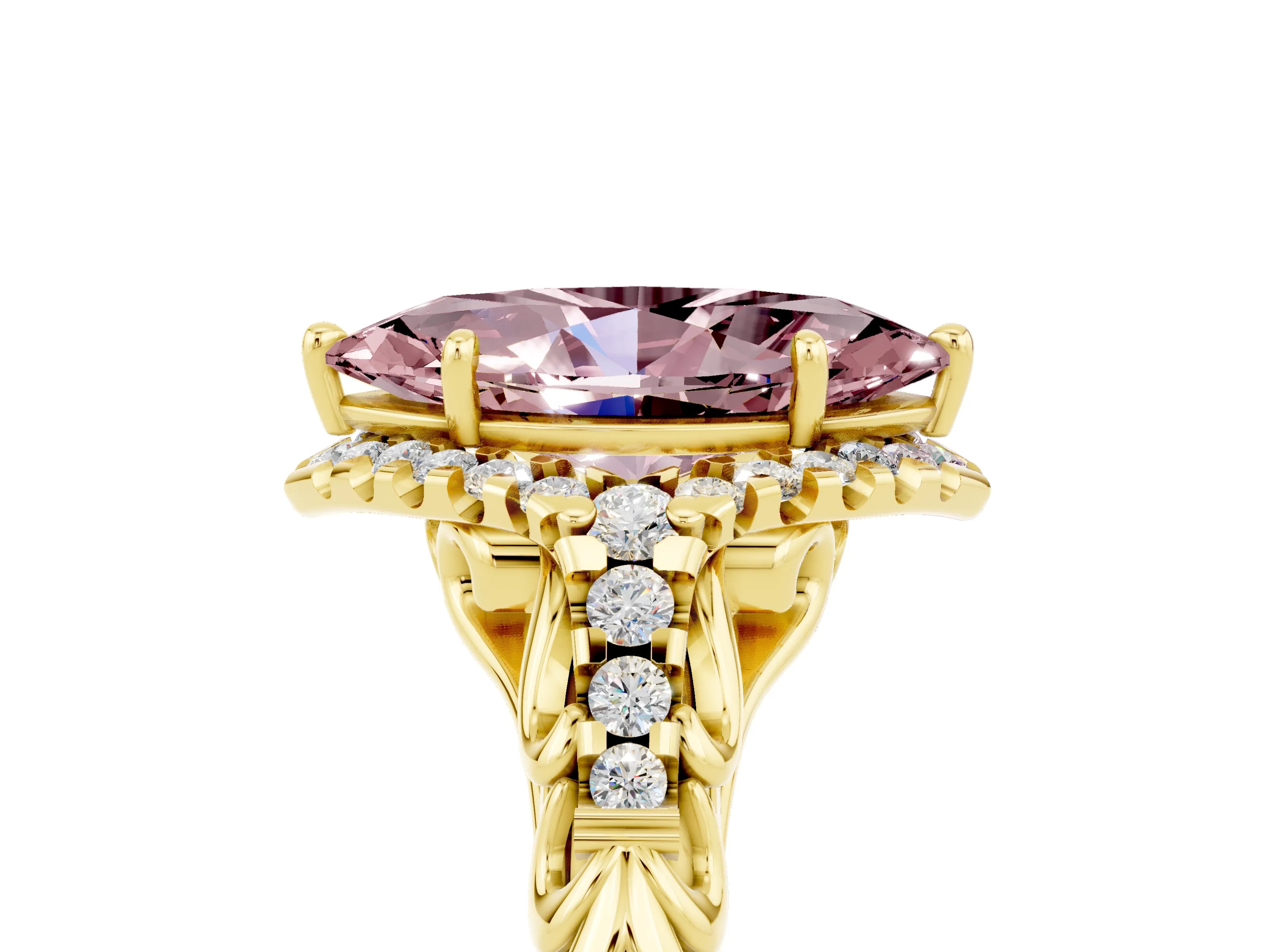 Yellow gold Marquise Cut Morganite Solitaire Ring with Hidden Halo and Pavé Band_39