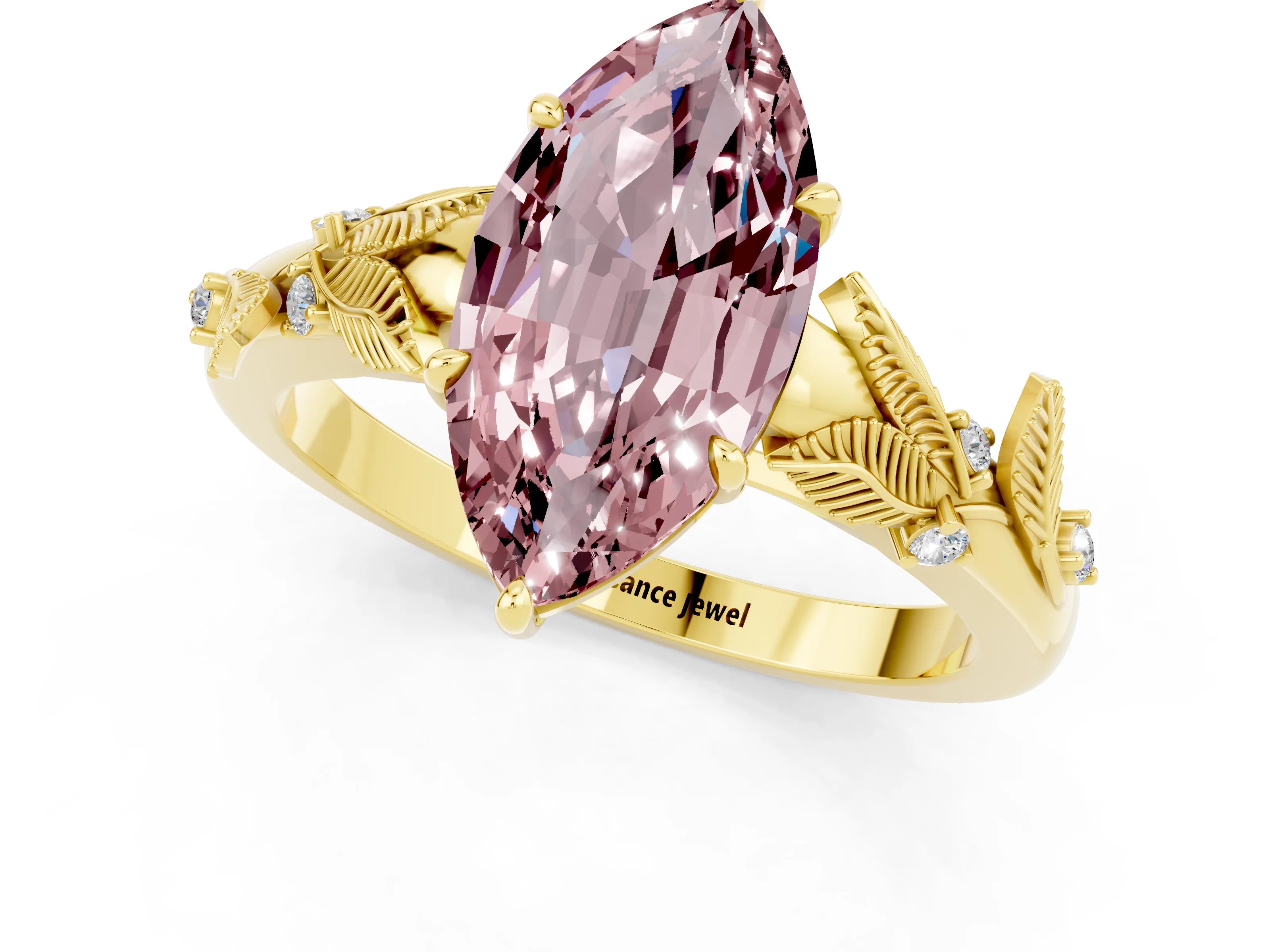 Yellow gold Marquise Cut Morganite Solitaire Ring with Leaf Motif Band and Four-Prong Setting_1