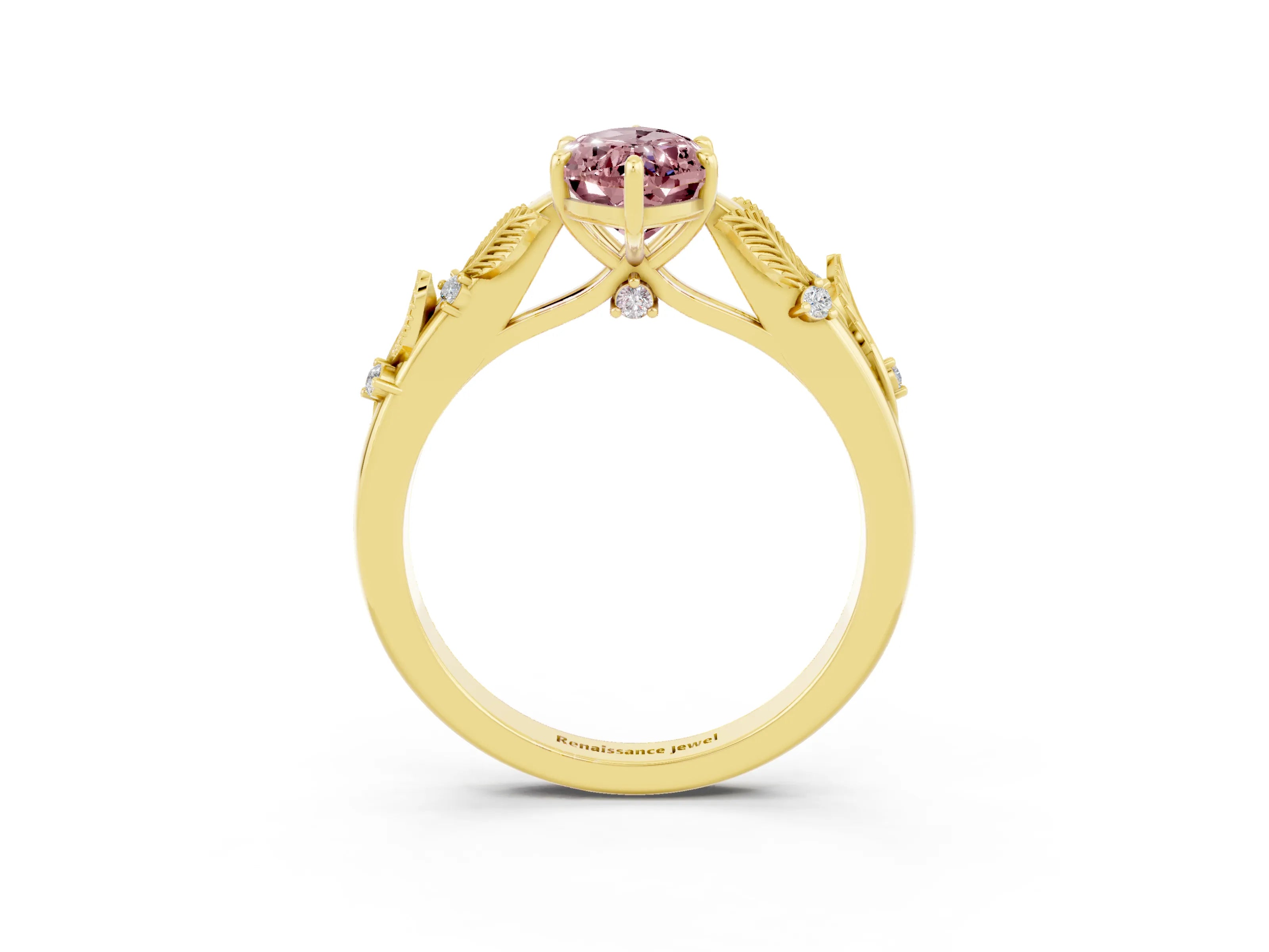 Yellow gold Marquise Cut Morganite Solitaire Ring with Leaf Motif Band and Four-Prong Setting_3