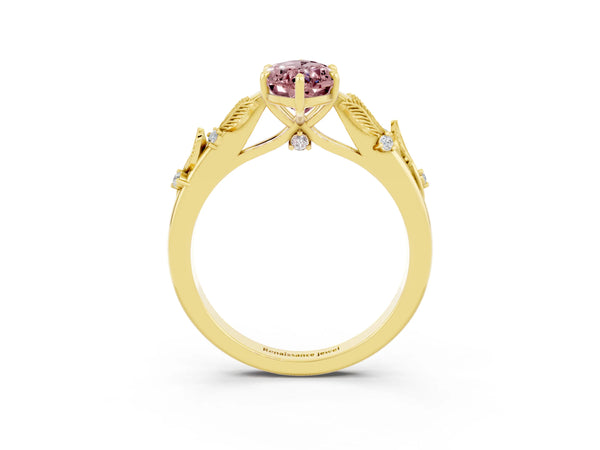 Yellow gold Marquise Cut Morganite Solitaire Ring with Leaf Motif Band and Four-Prong Setting