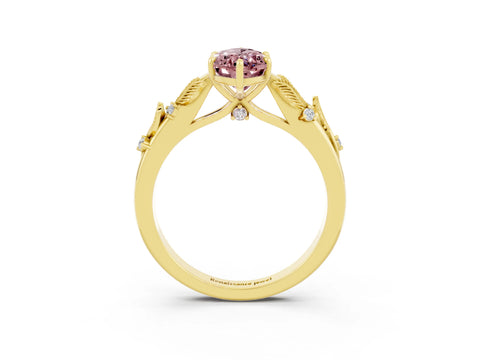 Yellow gold Marquise Cut Morganite Solitaire Ring with Leaf Motif Band and Four-Prong Setting_3