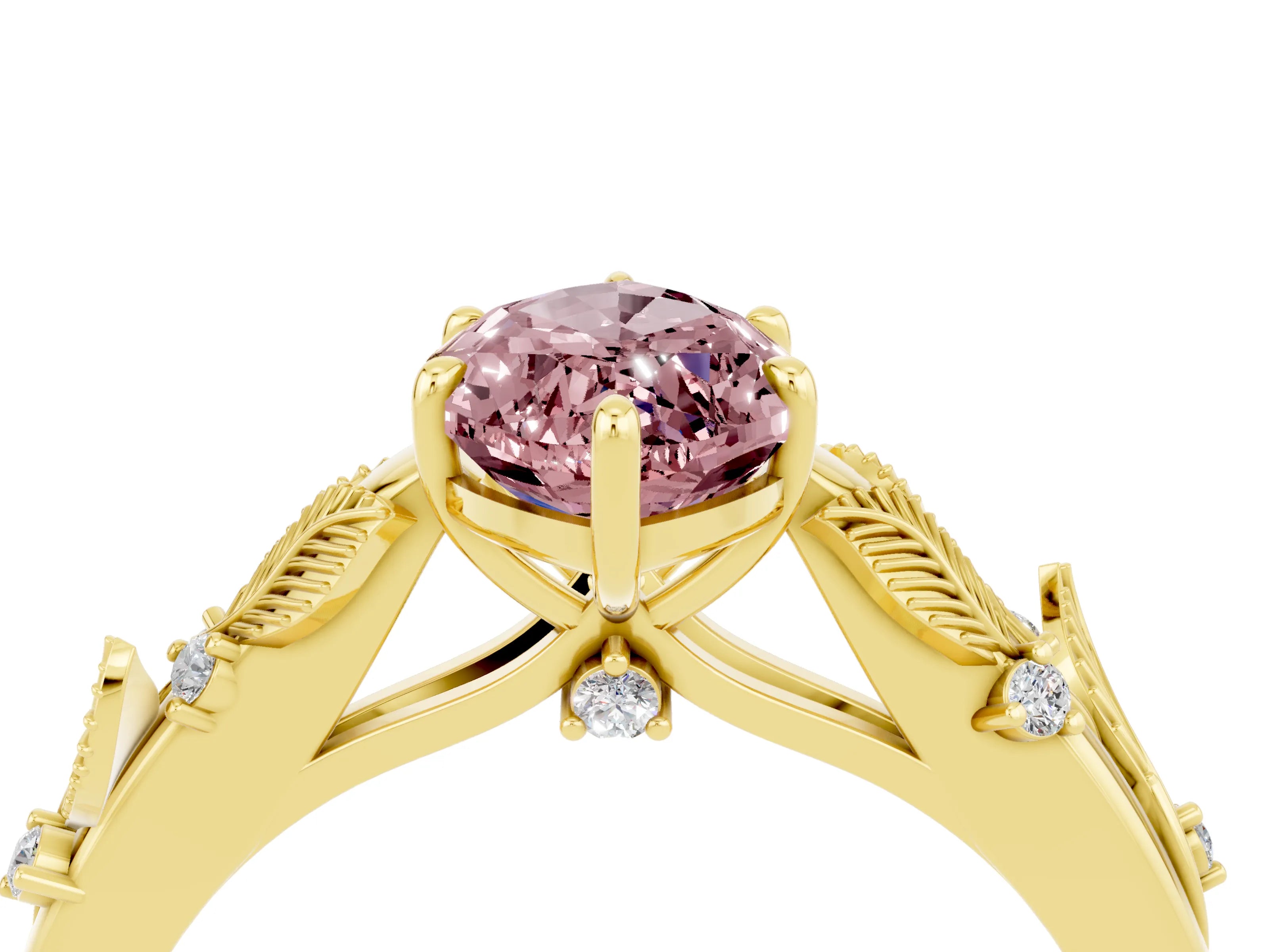 Yellow gold Marquise Cut Morganite Solitaire Ring with Leaf Motif Band and Four-Prong Setting_4