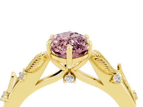 Yellow gold Marquise Cut Morganite Solitaire Ring with Leaf Motif Band and Four-Prong Setting_4