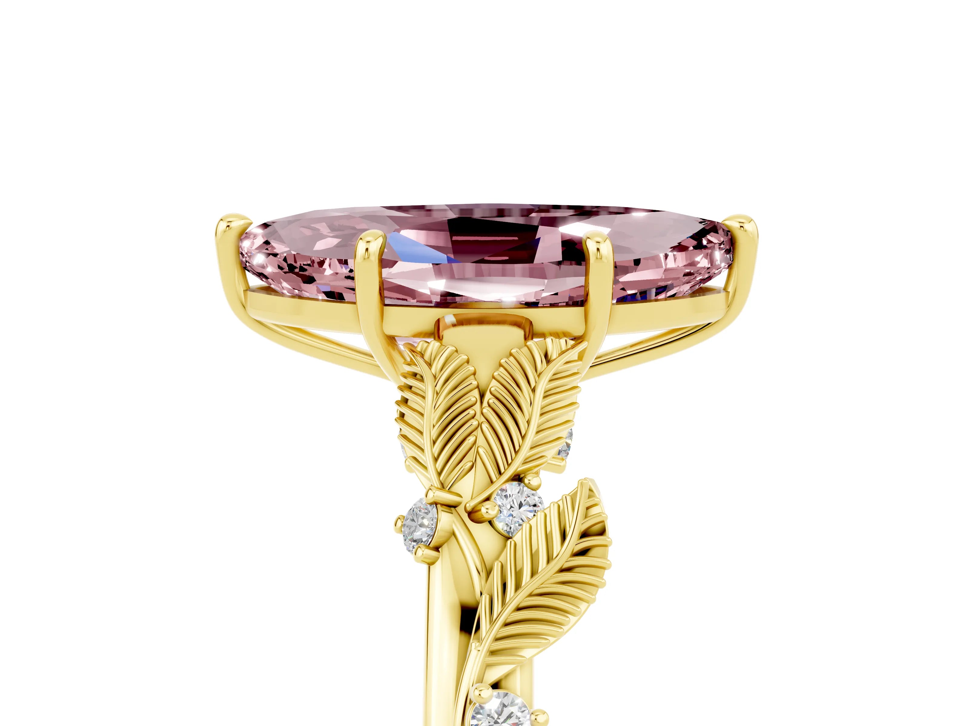 Yellow gold Marquise Cut Morganite Solitaire Ring with Leaf Motif Band and Four-Prong Setting_5