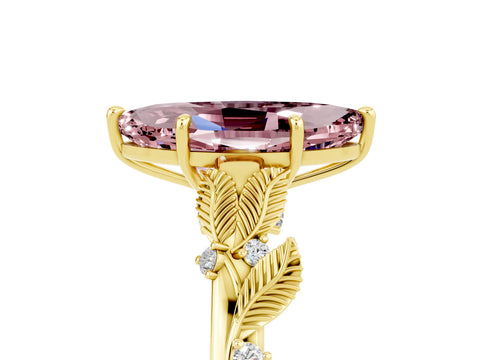 Yellow gold Marquise Cut Morganite Solitaire Ring with Leaf Motif Band and Four-Prong Setting_5