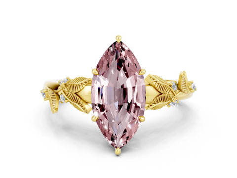 Yellow gold Marquise Cut Morganite Solitaire Ring with Leaf Motif Band and Four-Prong Setting