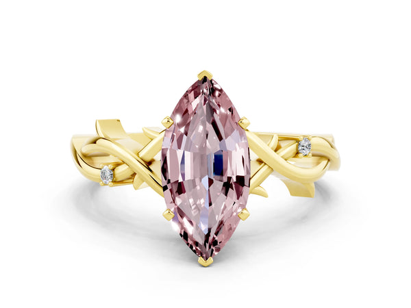 Yellow gold Marquise Cut Morganite Solitaire Ring with Milgrain Pavé Band and Four-Prong Setting