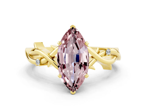 Yellow gold Marquise Cut Morganite Solitaire Ring with Milgrain Pavé Band and Four-Prong Setting_12