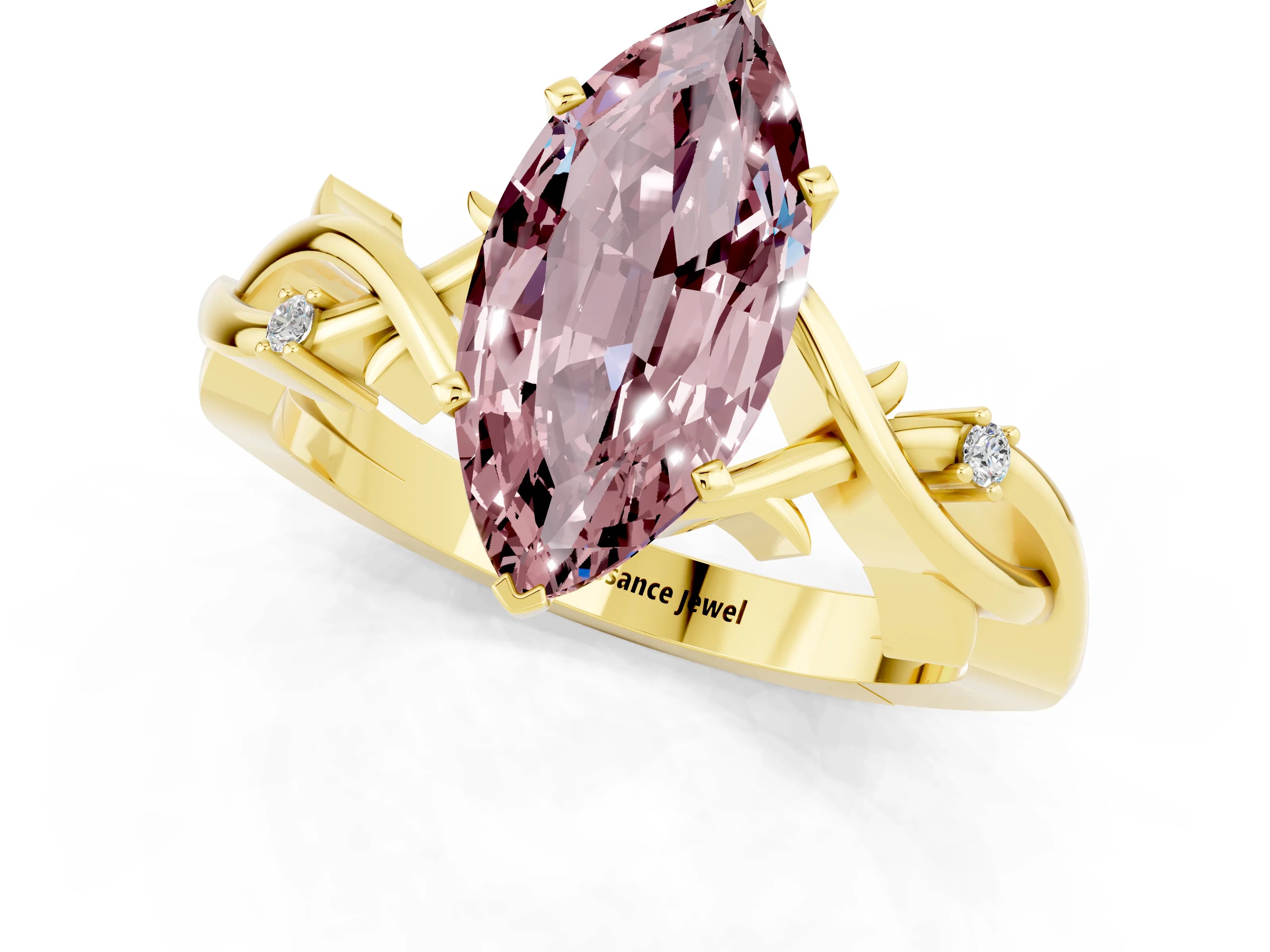 Yellow gold Marquise Cut Morganite Solitaire Ring with Milgrain Pavé Band and Four-Prong Setting_13