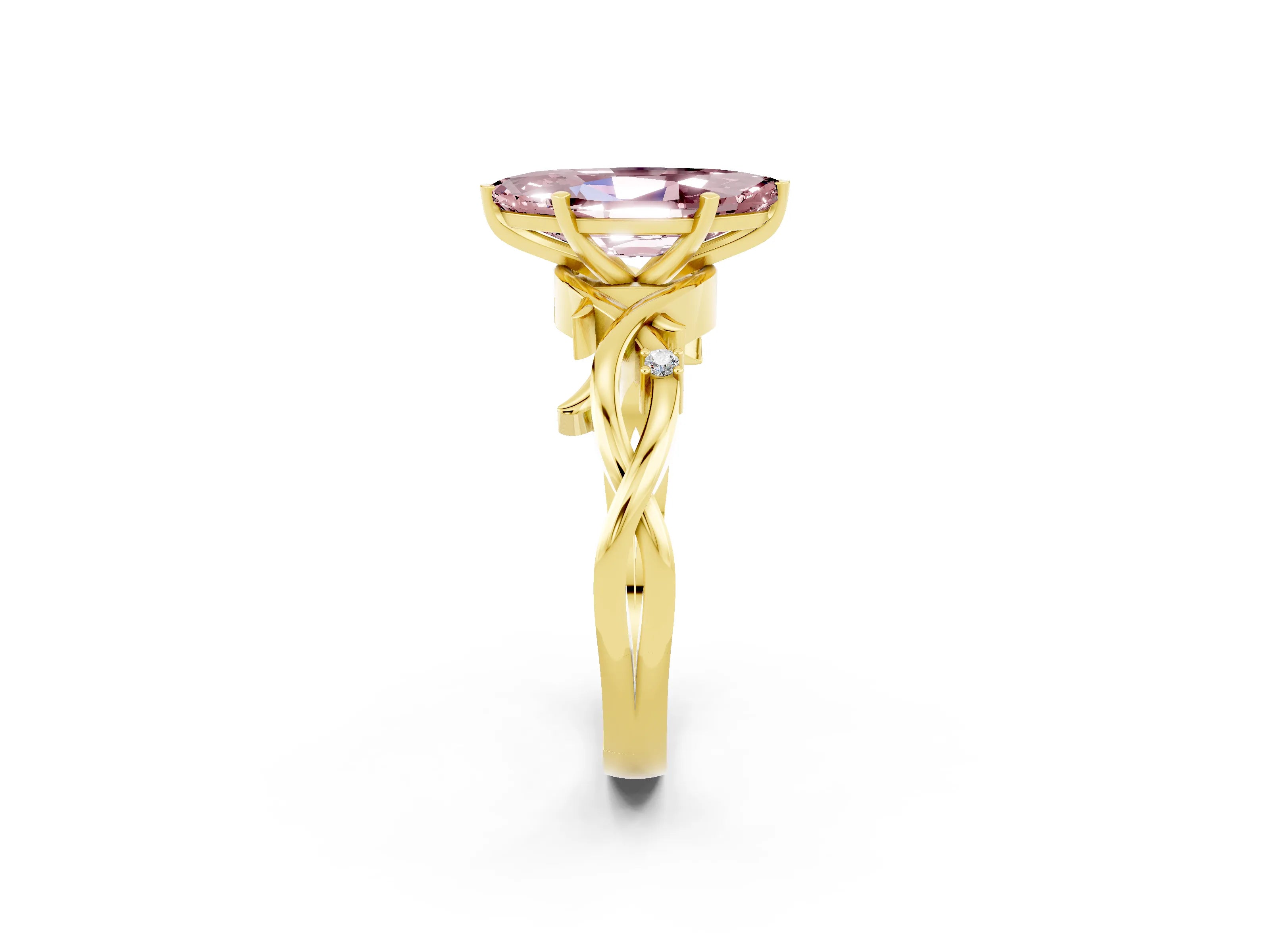 Yellow gold Marquise Cut Morganite Solitaire Ring with Milgrain Pavé Band and Four-Prong Setting_14