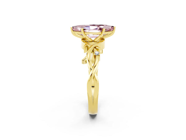 Yellow gold Marquise Cut Morganite Solitaire Ring with Milgrain Pavé Band and Four-Prong Setting