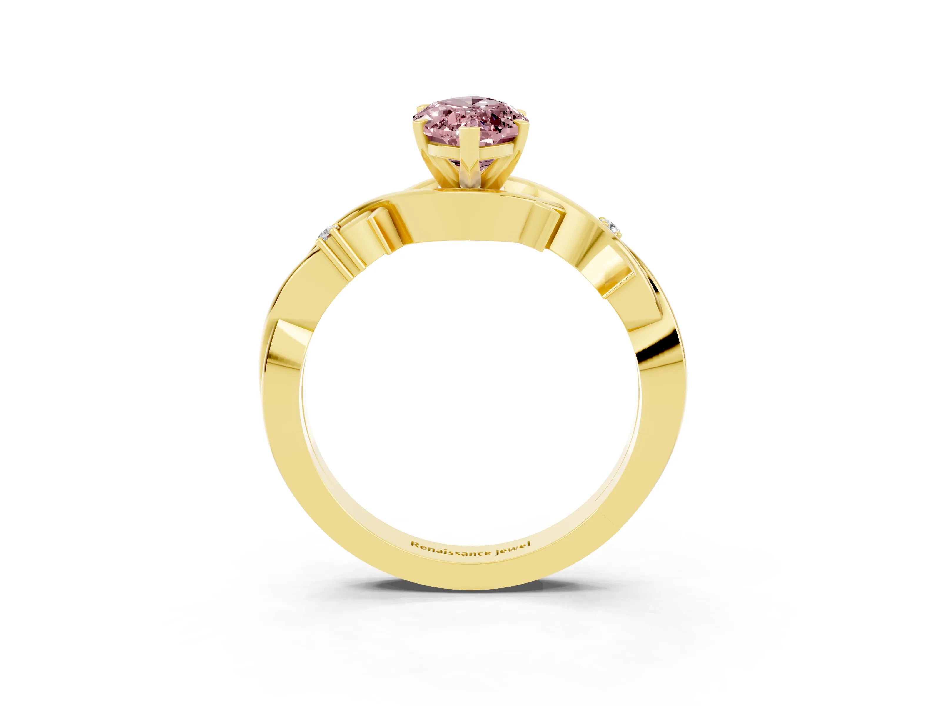 Yellow gold Marquise Cut Morganite Solitaire Ring with Milgrain Pavé Band and Four-Prong Setting_15