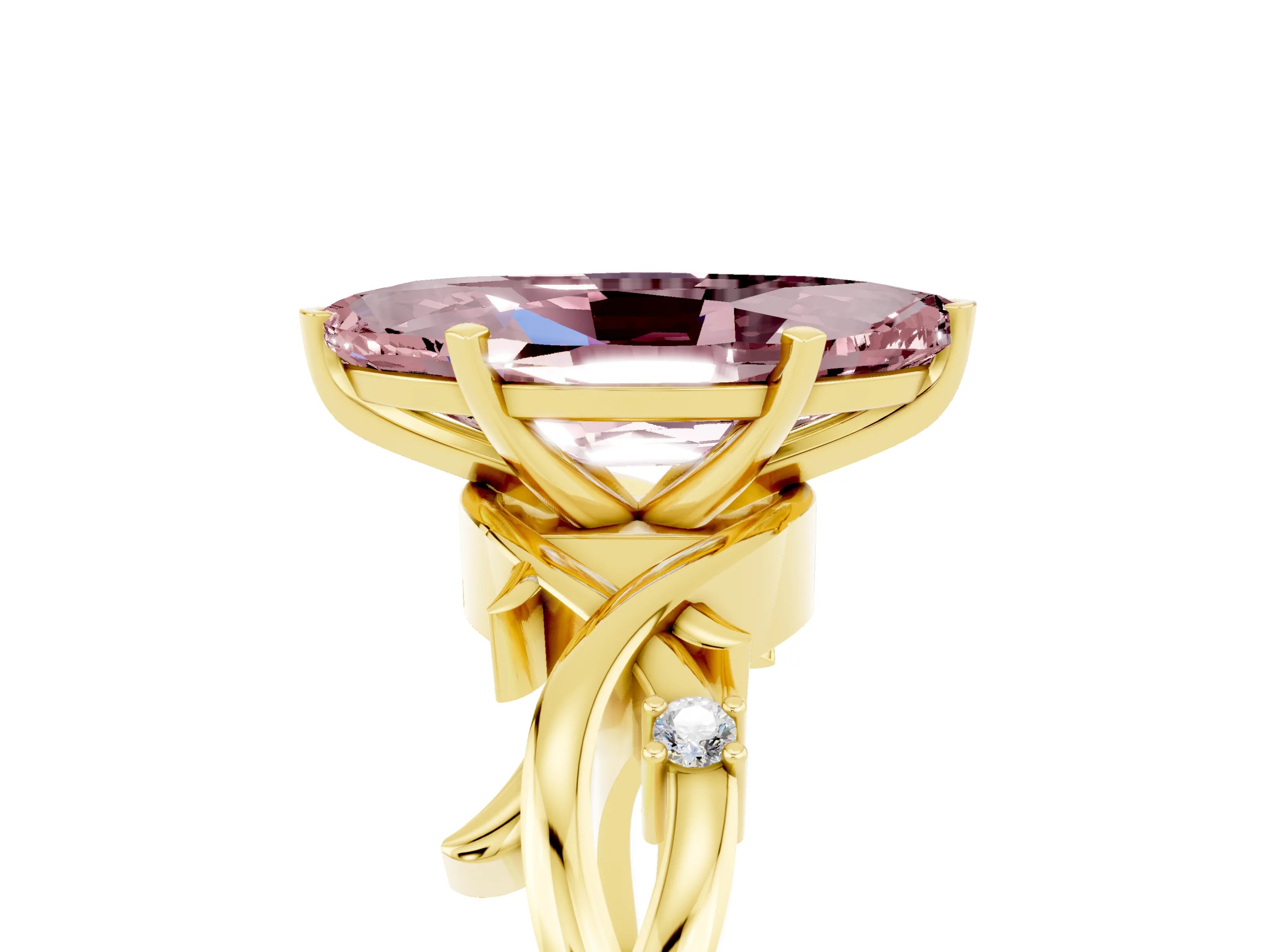 Yellow gold Marquise Cut Morganite Solitaire Ring with Milgrain Pavé Band and Four-Prong Setting_17