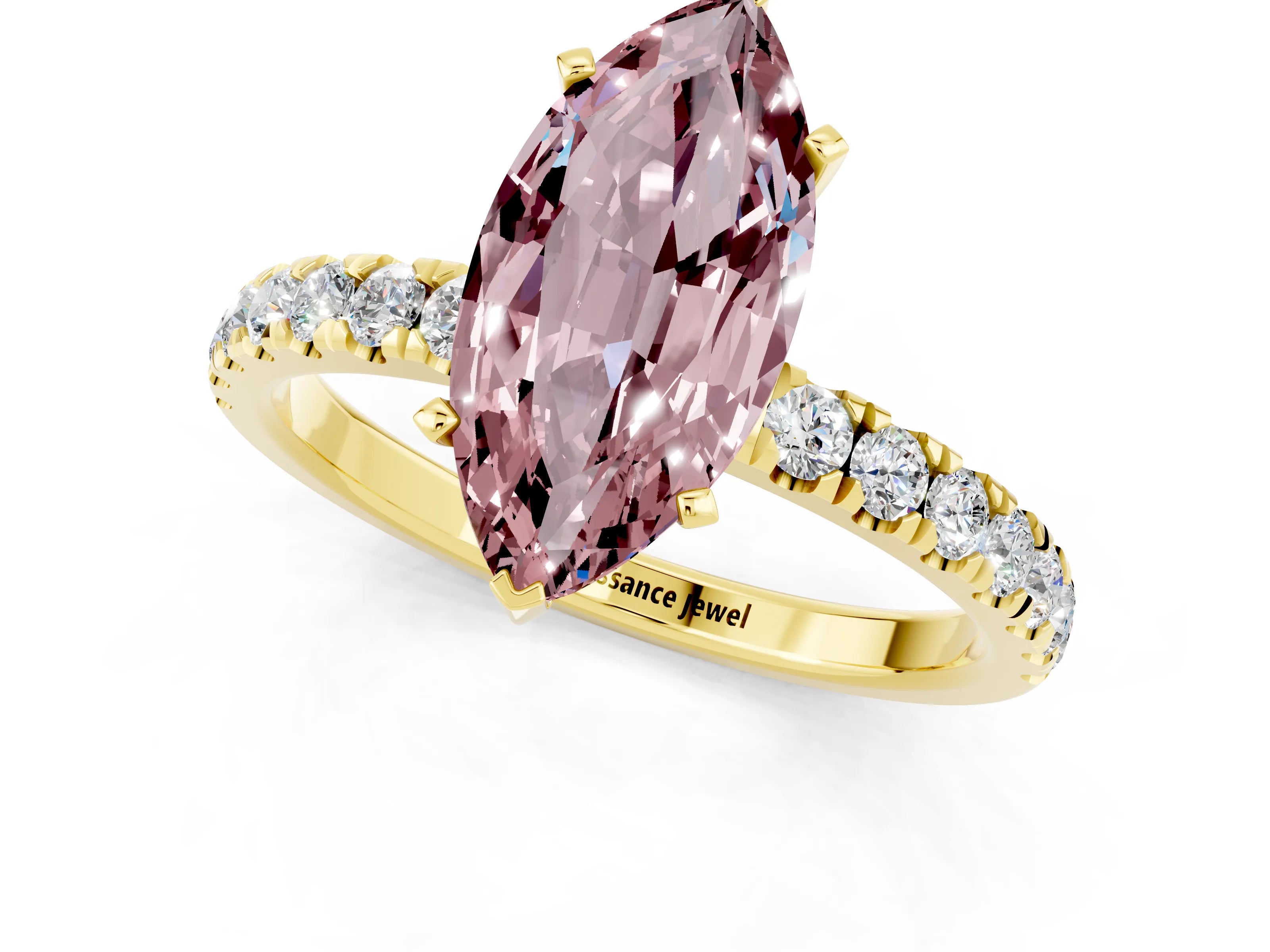 Yellow gold Marquise Cut Morganite Solitaire Ring with Pavé Accents and Four-Prong Setting_1