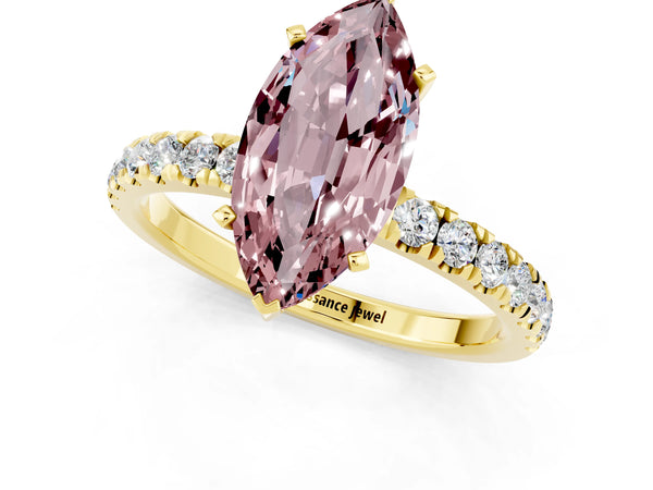 Yellow gold Marquise Cut Morganite Solitaire Ring with Pavé Accents and Four-Prong Setting