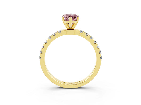 Yellow gold Marquise Cut Morganite Solitaire Ring with Pavé Accents and Four-Prong Setting