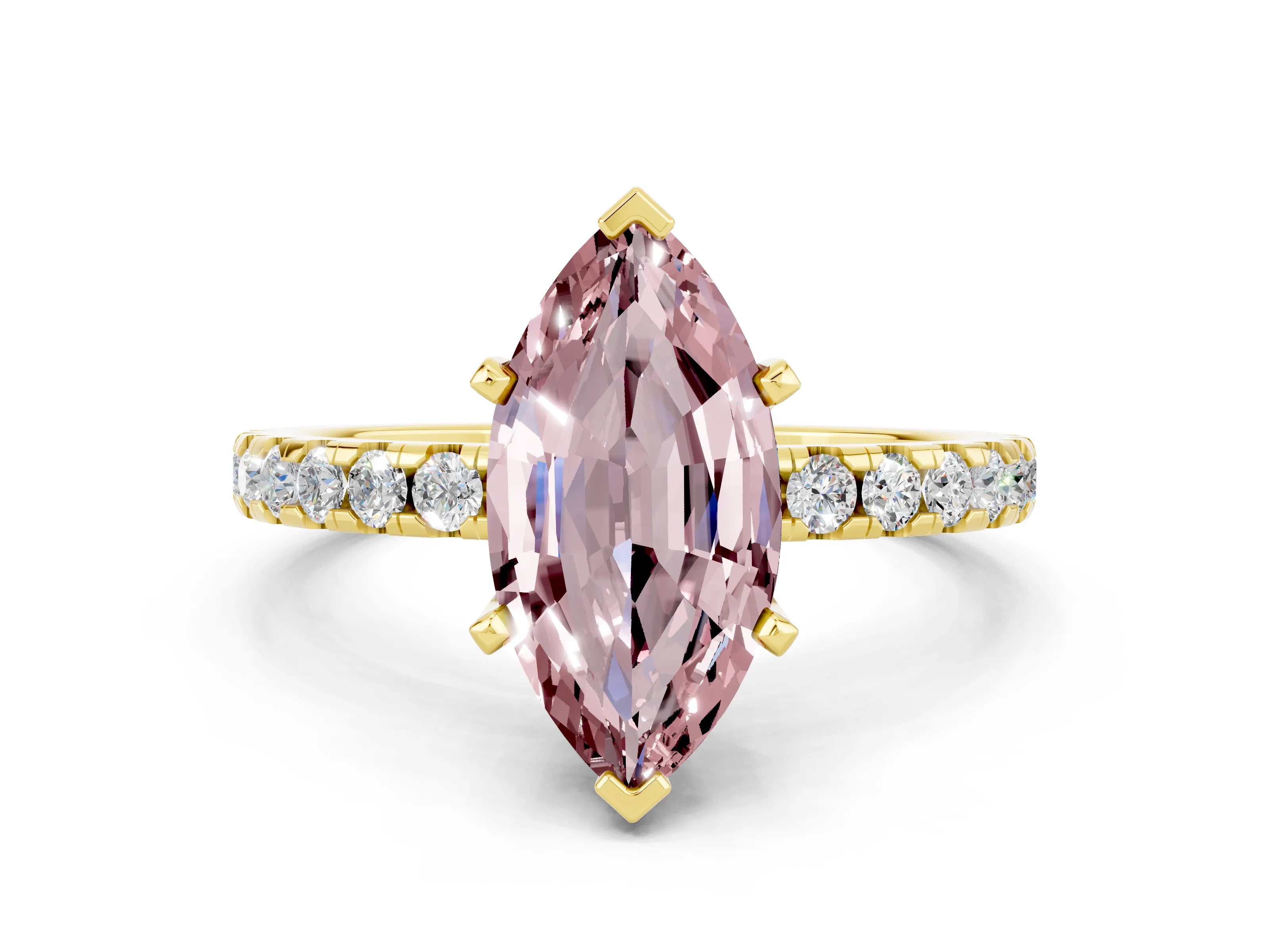 Yellow gold Marquise Cut Morganite Solitaire Ring with Pavé Band and Four-Prong Setting_24