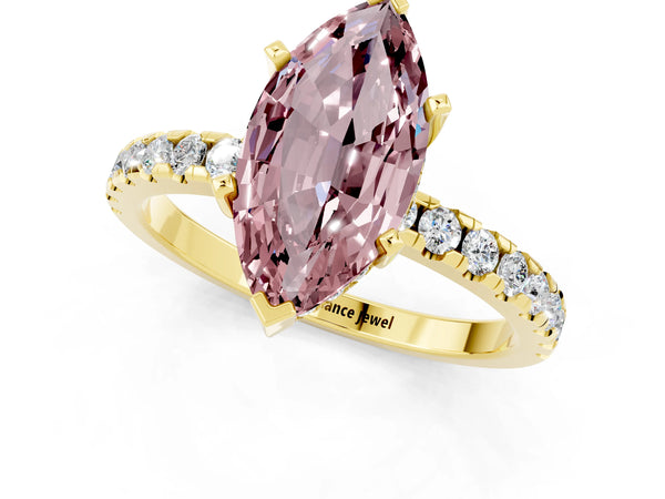 Yellow gold Marquise Cut Morganite Solitaire Ring with Round  Pavé Band and Four-Prong Setting