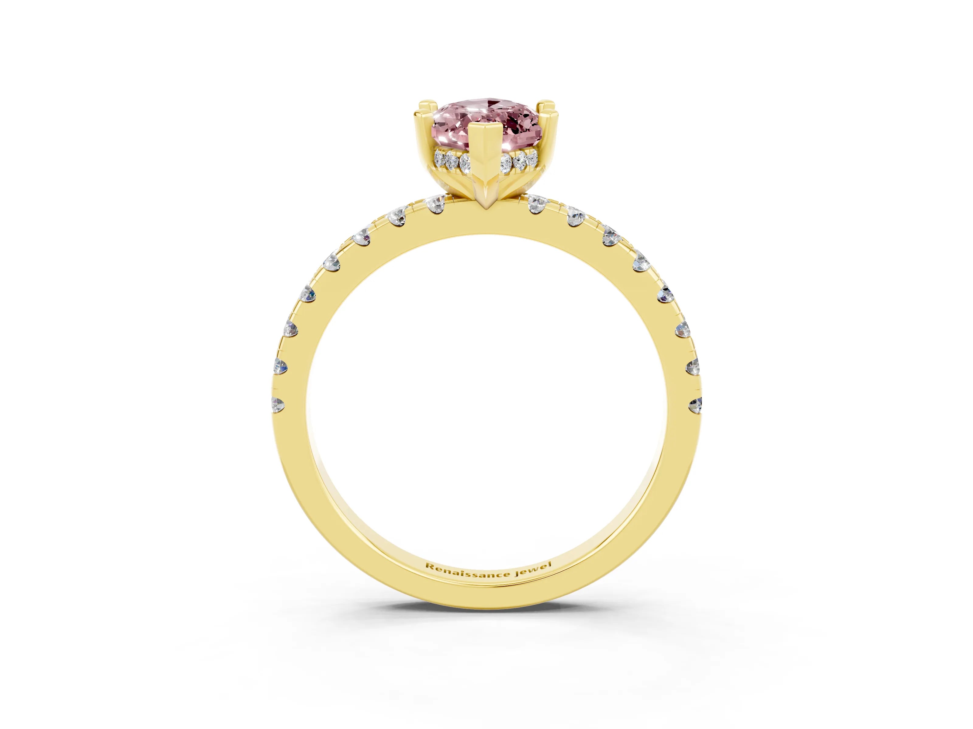 Yellow gold Marquise Cut Morganite Solitaire Ring with Pavé Band and Four-Prong Setting_27