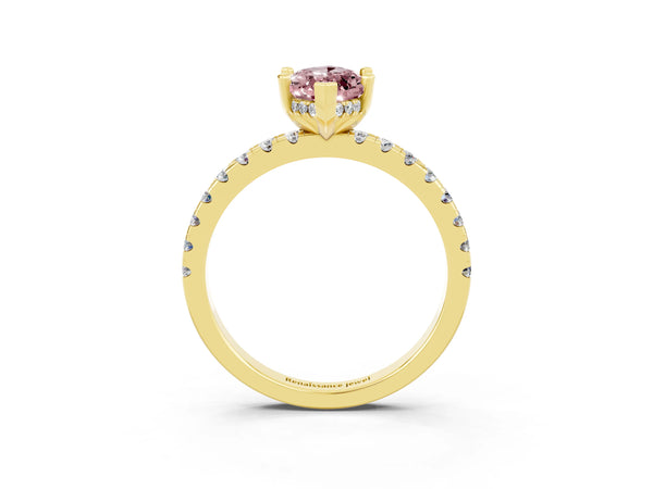 Yellow gold Marquise Cut Morganite Solitaire Ring with Round  Pavé Band and Four-Prong Setting