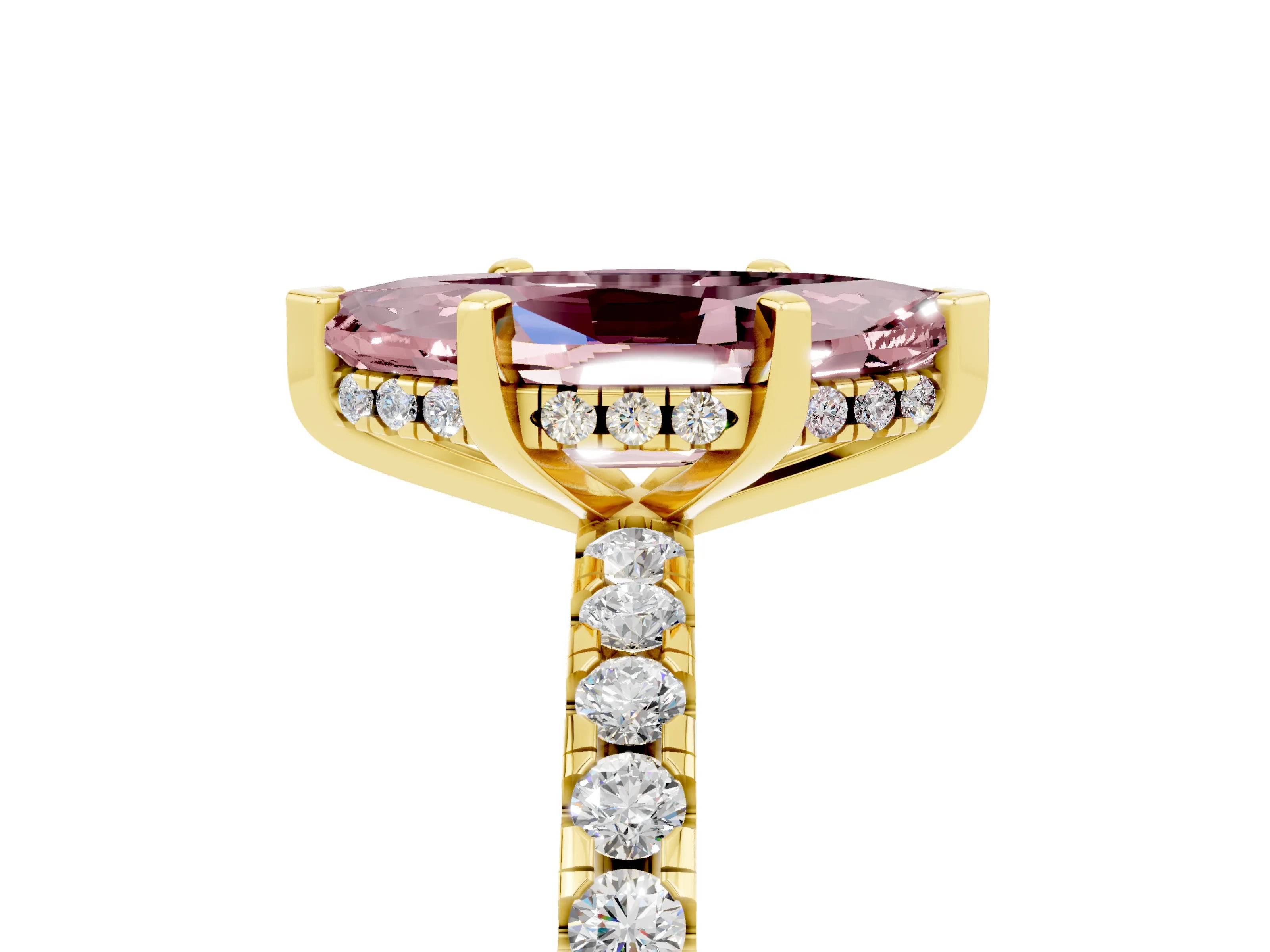 Yellow gold Marquise Cut Morganite Solitaire Ring with Pavé Band and Four-Prong Setting_29