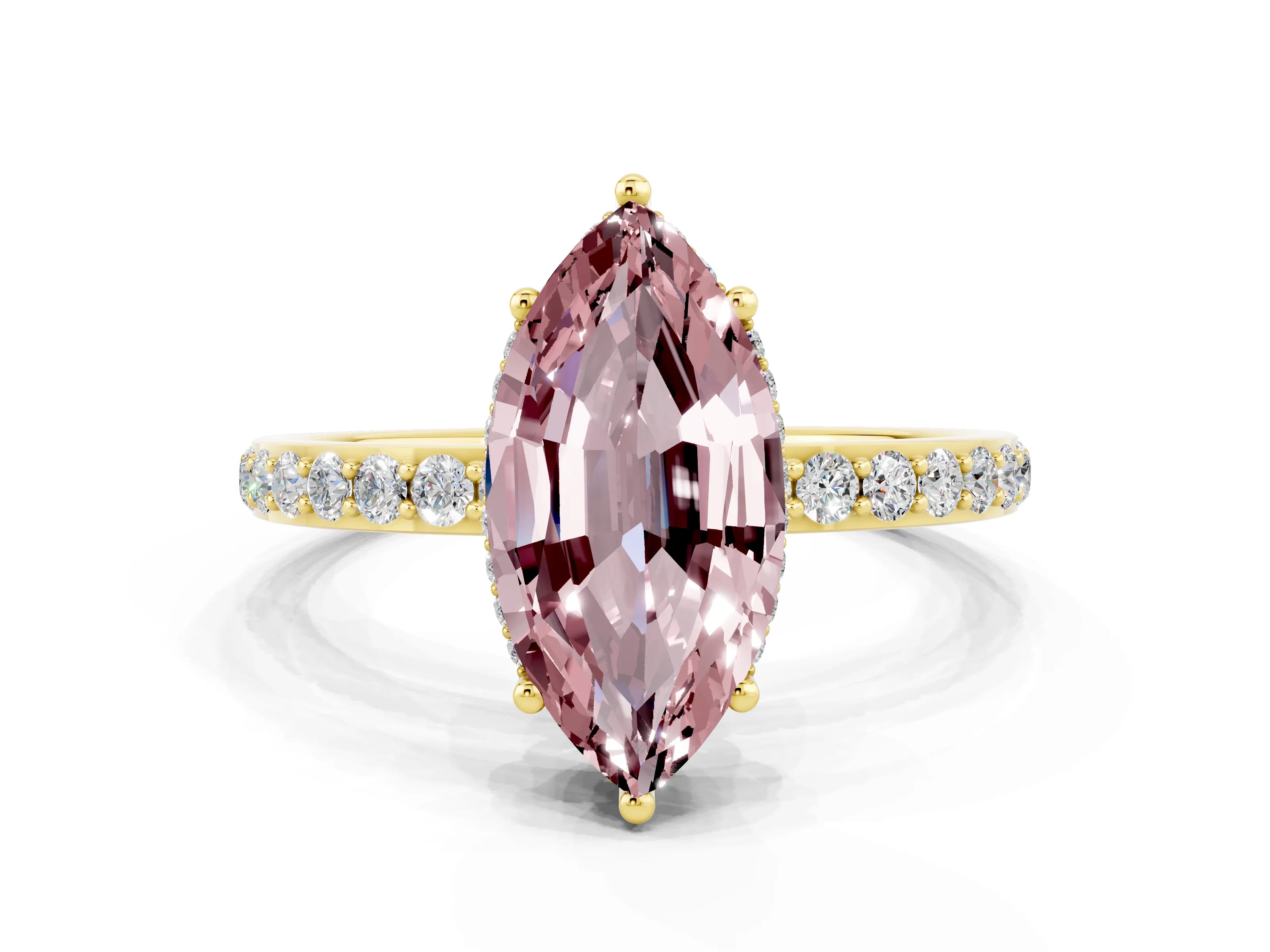 Yellow gold Marquise Cut Morganite Solitaire Ring with Pavé Band and Hidden Halo_12