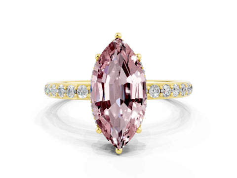 Yellow gold Marquise Cut Morganite Solitaire Ring with Pavé Band and Hidden Halo_12