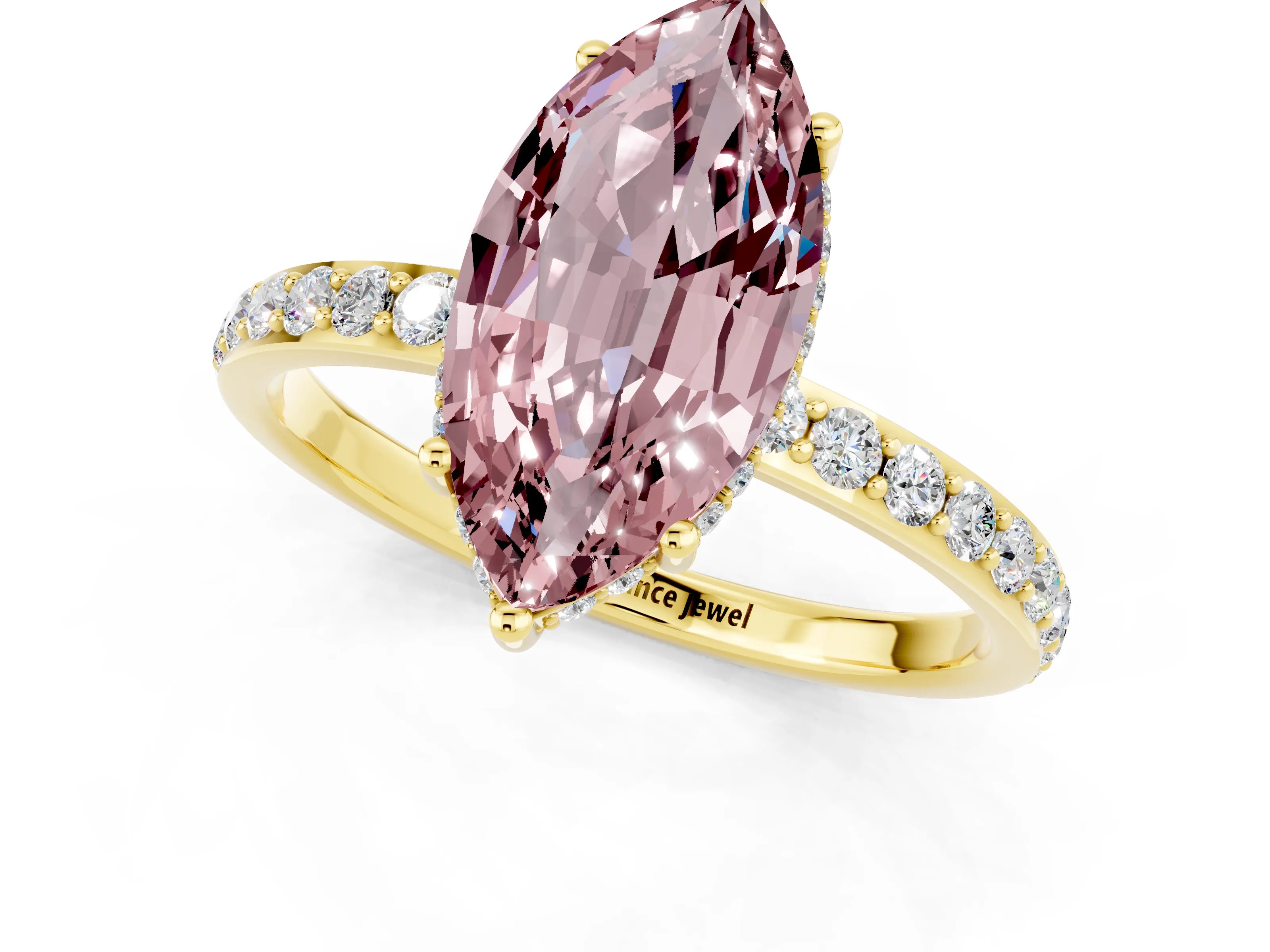 Yellow gold Marquise Cut Morganite Solitaire Ring with Pavé Band and Hidden Halo_13