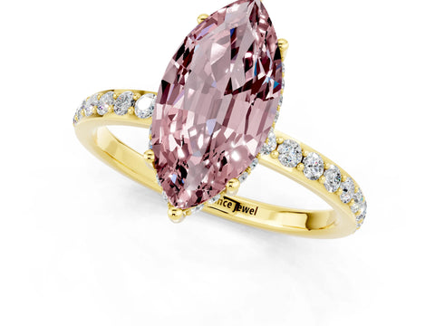 Yellow gold Marquise Cut Morganite Solitaire Ring with Pavé Band and Hidden Halo_13