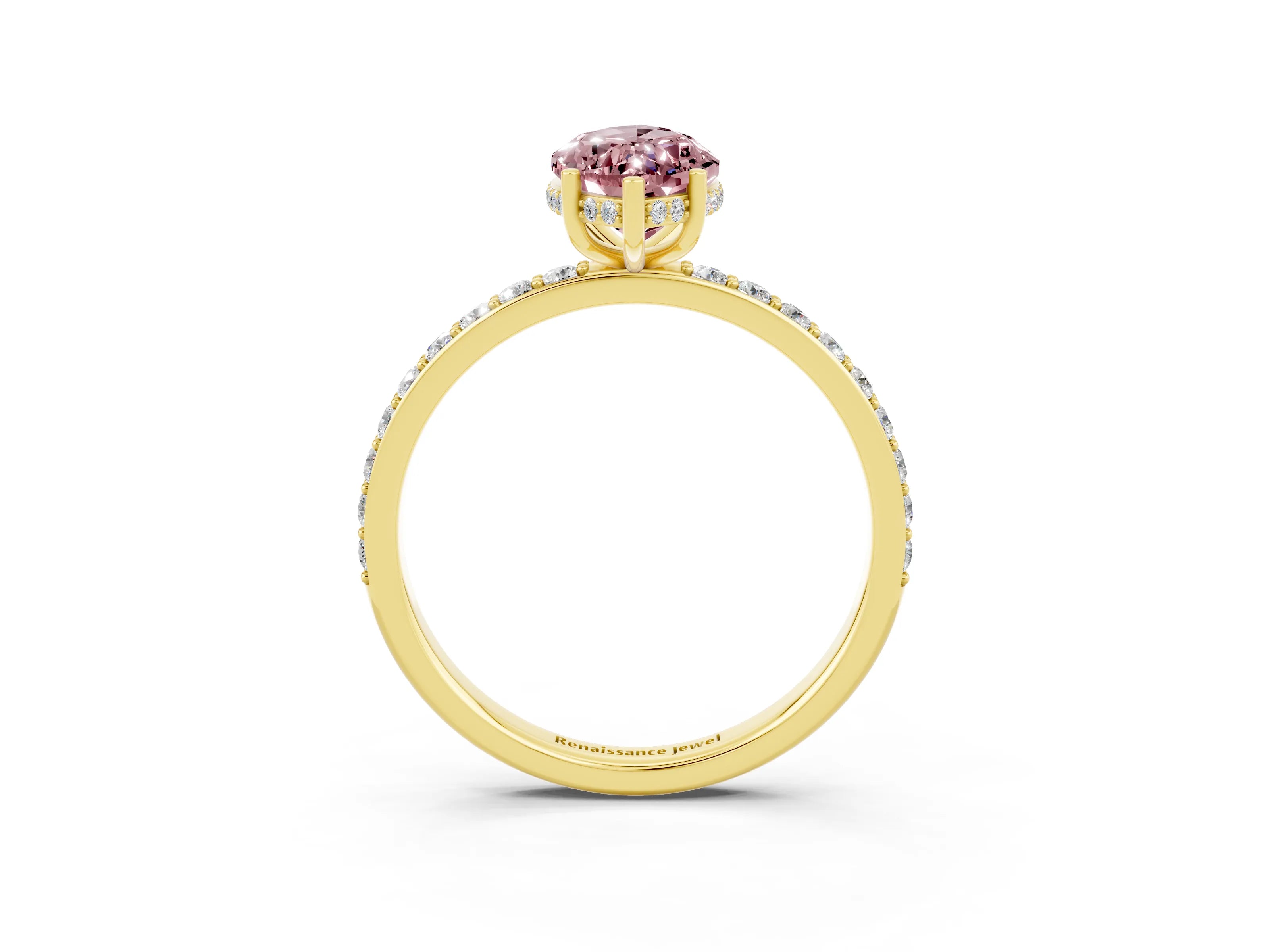 Yellow gold Marquise Cut Morganite Solitaire Ring with Pavé Band and Hidden Halo_15