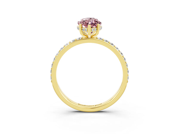 Yellow gold Marquise Cut Morganite Solitaire Ring with Pavé Band and Hidden Halo